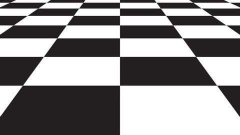 Moving seamless background chessboard pattern in perspective, black and white geometric design.