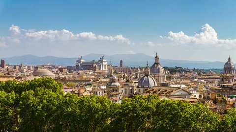 Time Lapse of Rome skyline at the city center with panoramic view of famous landmark of Ancient Rome architecture and Italian culture and monuments . Historical Rome famous travel destination .