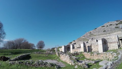 Kavala, Greece - January 2,2018:Philippi City. These ruins from Ancient Philippi mark the doorway to the library in Philippi. This city was visited by St. Paul as recorded in Acts 16 of the Bible.