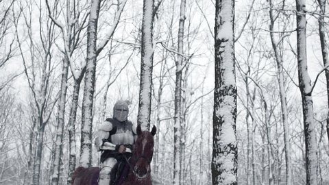 Portrait of brave medieval knight wearing steel protection and helmet, being horseback on battlefield in forest slow motion. Reconstruction of historical battle