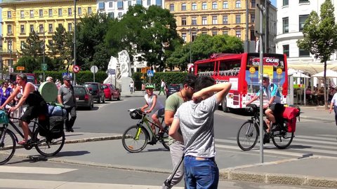 VIENNA, AUSTRIA - JUNE 6, 2015: 4K footage of unidentified people on June 6, 2015, in Vienna, Austria. In 2013, Vienna was ranked the worlds most livable city for the fifth consecutive year.