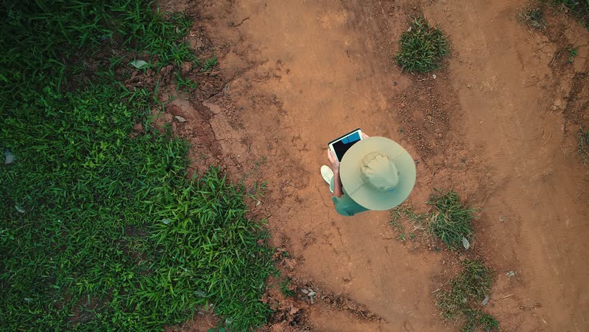 AERIAL. 100 meters up. Top view directly above a asian female farmer in the hat monitoring his farm with a tablet. Palms farm in Thailand. Royalty-Free Stock Footage #1008307768
