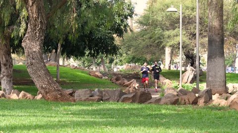 SANTA CRUZ DE TENERIFE - FEB 13, 2018: Green beautiful city park where guys young people run jogging healthy lifestyle