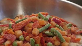 Frozen vegetables with poultry close-up 4K 2160p 30fps UltraHD video - Lunch preparing in frying pan 3840X2160 UHD footage