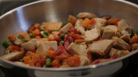 Salt adding to mixed vegetables with poultry meat 1920X1080 HD video - Meal preparing in frying pan slow motion 1080p FullHD footage
