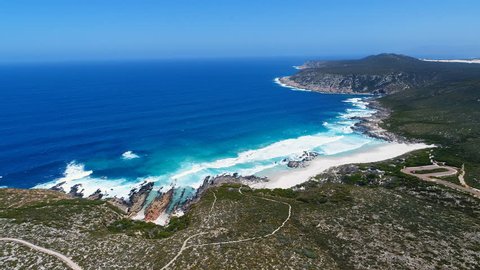 Aerial view of scenic coast of Fitzgerald River National Park, crystal clear turquoise water of Great Southern Ocean - Western Australia from above, 4k UHD