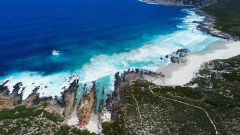 Aerial view of scenic coast of Fitzgerald River National Park, crystal clear turquoise water of Great Southern Ocean - Western Australia from above, 4k UHD