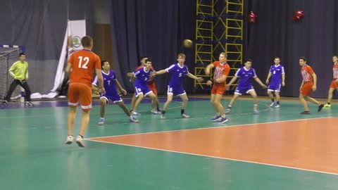 Orenburg, Russia - 11-13 February 2018 year: boys play in handball International handball tournament in memory of the first Governor of Orenburg province Ivan Ivanovich Neplueva