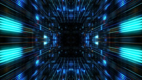 Abstract futuristic sci fi warp tunnel with particle grid. Motion graphic for  data center, server, internet, speed. Futuristic big data visualization, hi tech background. 3D rendering.