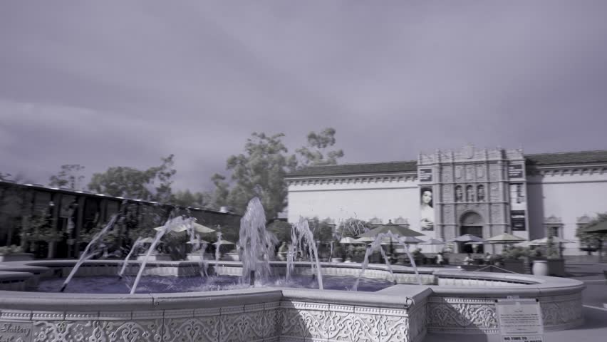 Steadicam turning around the fountain in Balboa Park in San Diego and turning from the Museum of Art to the Museum of Man.
