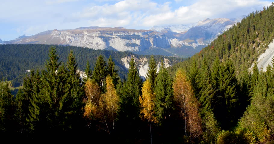 Aerial view in the famous Rhine Gorge in Grisons on a sunny autumn day in Switzerland