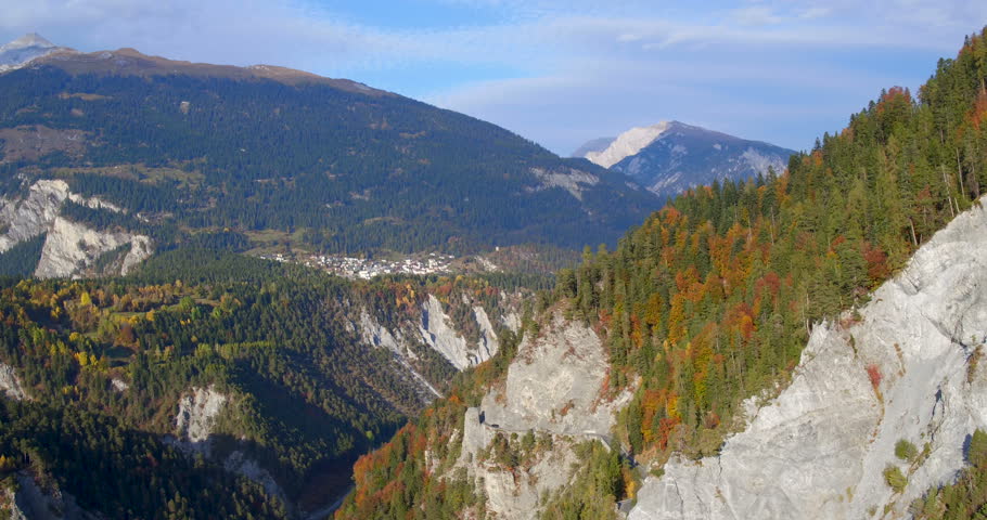 Aerial view in the famous Rhine Gorge in Grisons on a sunny autumn day in Switzerland