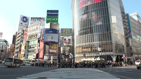 SHIBUYA,  TOKYO,  JAPAN - CIRCA MARCH 2018 : Scenery of SHIBUYA around big scramble crossing.
