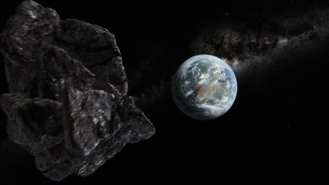 Asteroid approaching Earth. 3D animation. Texture map courtesy of NASA