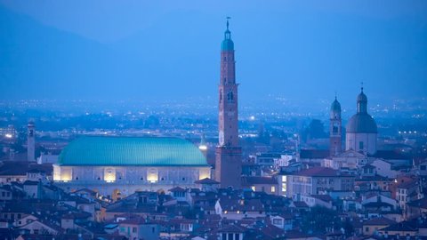 Vicenza - View on the city center with the Basilica Palladiana (Andrea Palladio architect) in foreground at dusk - Timelapse