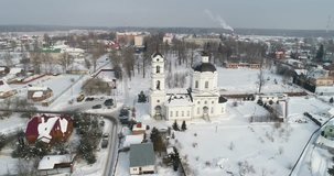 Aerial video of The Church Of Saint Nicholas in Klyonovo village, Podolsk district, Moscow region, Russia