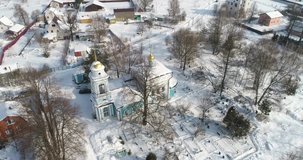 Aerial view of The Church of the Annunciation of Holy Virgin in the Salkovo village, Podolsk district, Moscow region, Russia