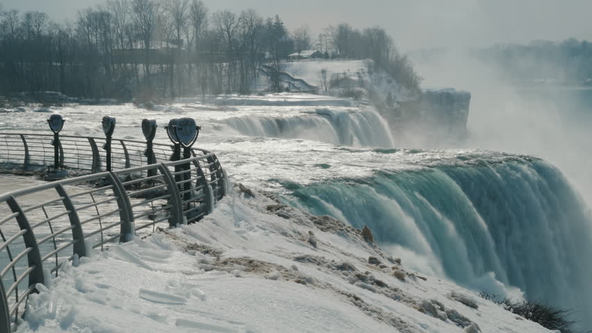Winter at Niagara Falls. Sight place with binoculars without people