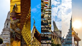 Video montage of Bangkok featuring the most visited tourist attractions of the city, including the Grand Palace, Wat Pho and Wat Arun. Text overlay title shows the name of the capital in the middle. 