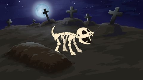 Skeleton Dog Flower ?emetery. The hand drawn animation of the cartoon skeleton dog in the cemetery who pees on the grave there grows a flower. 29.97 fps