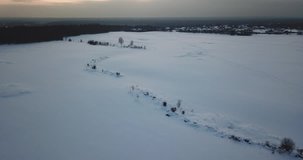 flight over the winter field with paths along the snow laid by people and trees in the middle of the field
