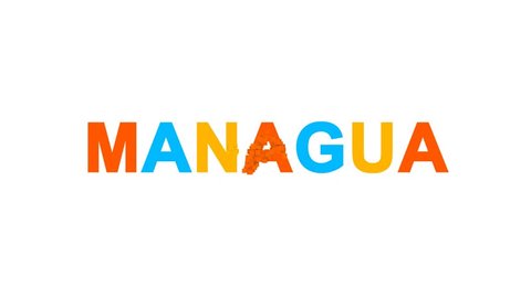 capital name MANAGUA from letters of different colors appears behind small squares. Then disappears. Alpha channel Premultiplied - Matted with color white