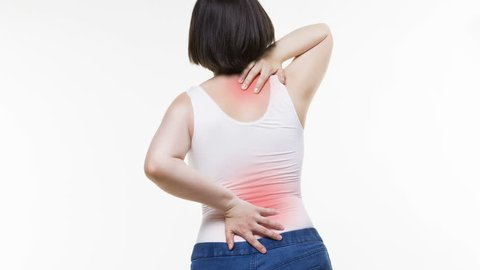 Back pain, woman with backache on white background
