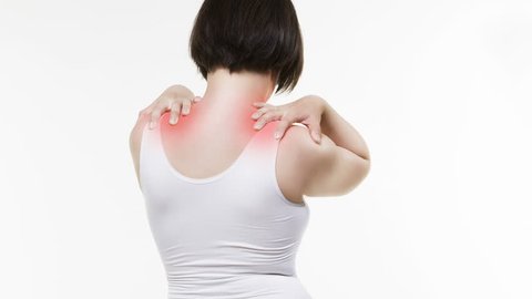 Neck pain, woman with backache on white background