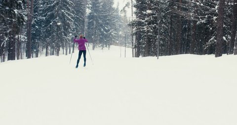 WIDE TRACKING Back view of young adult Caucasian female athlete practicing cross-country skiing on a scenic forest trail. 4K UHD 60 FPS SLO MO