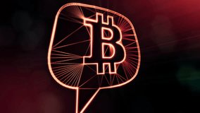bitcoin logo inside a message cloud. Financial background made of glow particles as vitrtual hologram. Shiny 3D loop animation with depth of field, bokeh and copy space. Dark background v2