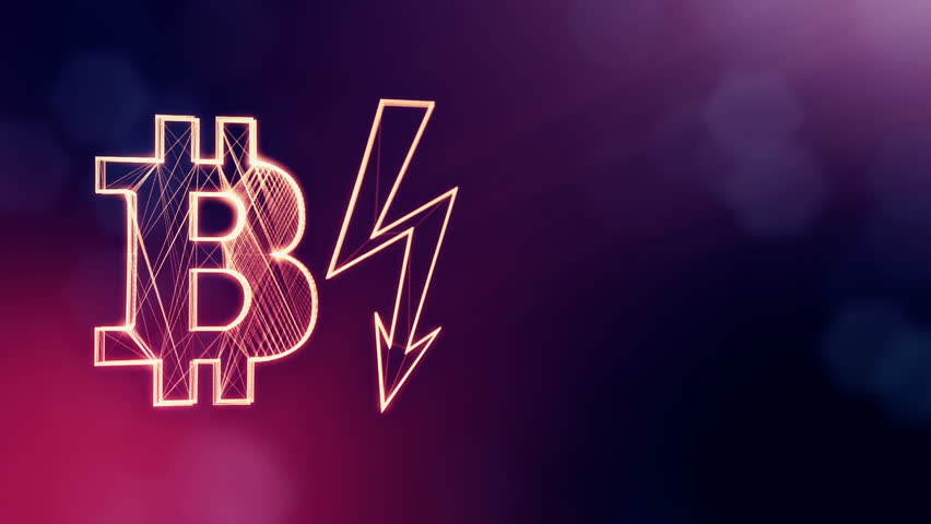 bitcoin icon and lightning bolts. Financial background made of glow particles as vitrtual hologram. Shiny 3D seamless animation with depth of field, bokeh and copy space. Violet color v2