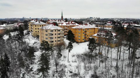Aerial view of apartment buildings on island "Stora Essingen" in Stockholm on a wintry day