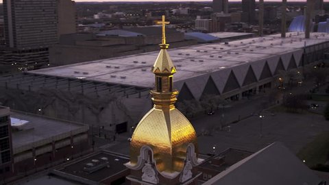 Kansas City, Kansas / USA - March 10, 2017 4K Aerial footage of the Cathedral of the Immaculate Conception dome at sunrise.