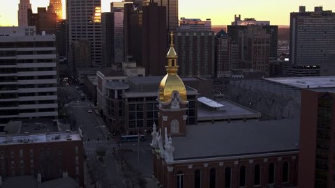 Kansas City, Kansas / USA - March 10, 2017 4K Aerial footage of the Cathedral of the Immaculate Conception dome at sunrise.