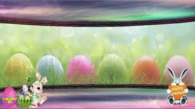 Floating Particles with natural background, Colorful Easter eggs with bunny. 
Festive decoration for TV program with easter theme.  HD video