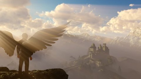 A male angel with black wings is standing on top of a mountain. Over the valley with a castle in the fog. 3d rendering. Rays sometimes shine through the clouds.