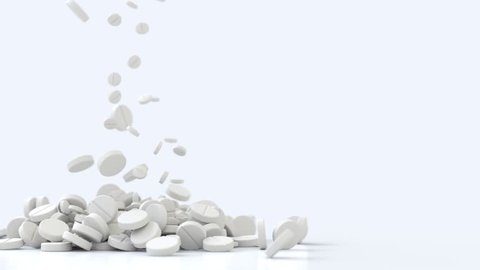 3D Animation of mixed pills, slow motion falling down and landing.