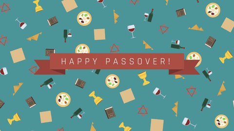 Passover holiday flat design animation background with traditional symbols with text in english "Happy Passover". loop with alpha channel.