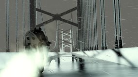 
A motorcyclist on a racing motorcycle rides the bridge in the fog in the rain. Animation in the style of comics. 3d rendering. Almost black and white video.