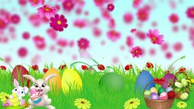 Falling pink flowers, Colorful Easter eggs with bunny. Festive decoration for TV program with easter theme. Seamless loopable HD video