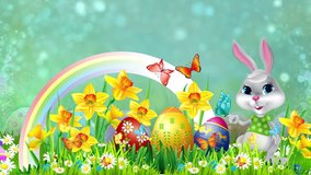 Floating Particles and bokeh bubbles background, Colorful Easter eggs with bunny. Festive decoration for TV program with easter theme. Seamless loopable HD video
