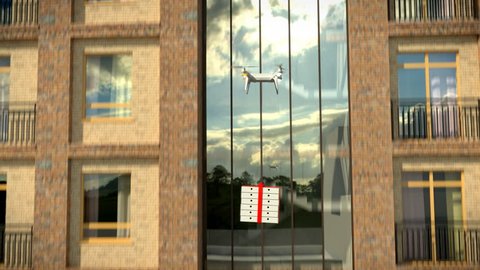 Dron delivers a package against an office building, 3d, animation, 4K