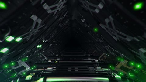 Animation flying into spaceship tunnel with light and sparkles. Journey in technology tunnel. Animation of seamless loop.