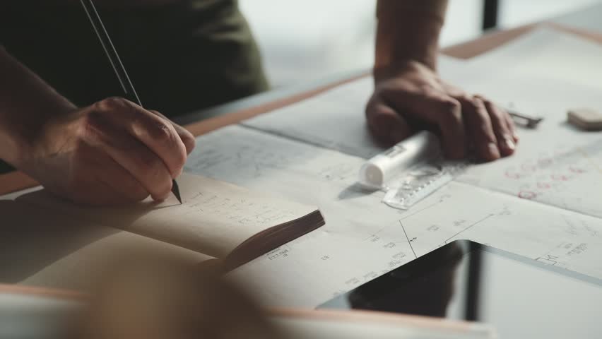 Architect's desk: drawings, tape measure, ruler and other drawing tools. Engineer works with drawings in a bright office, close-up. Insturments and office for designer. Male hands draw with a pencil.