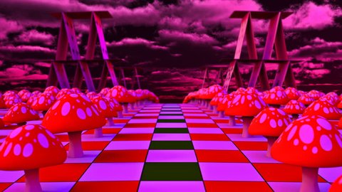 Movement of a view along the amanita and playing cards on the chessboard. 3D-Rendering. UHD - 4K