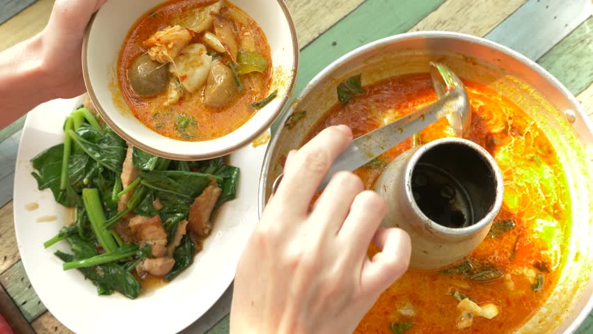 Cooking Thai soup Tom Yam, 4k, Slow motion