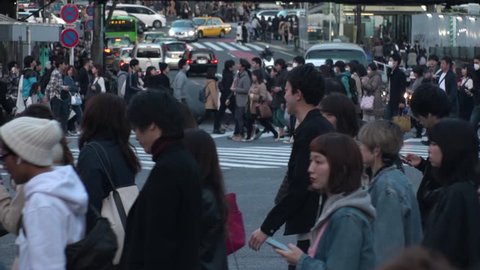 SHIBUYA,  TOKYO,  JAPAN - CIRCA MARCH 2018 : Scenery of SHIBUYA around big scramble crossing in SLOW MOTION.