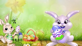 Floating Particles and bokeh with natural background, Colorful Easter eggs with bunny. Festive decoration for TV program with easter theme. Seamless loopable HD video