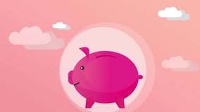 Save money vector concept flat design animation. man hand putting cash into money box video. Pig money box. -stock footage