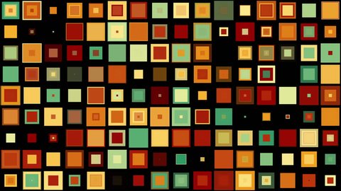 Colorful mid-century style squares appear and evolve on black background